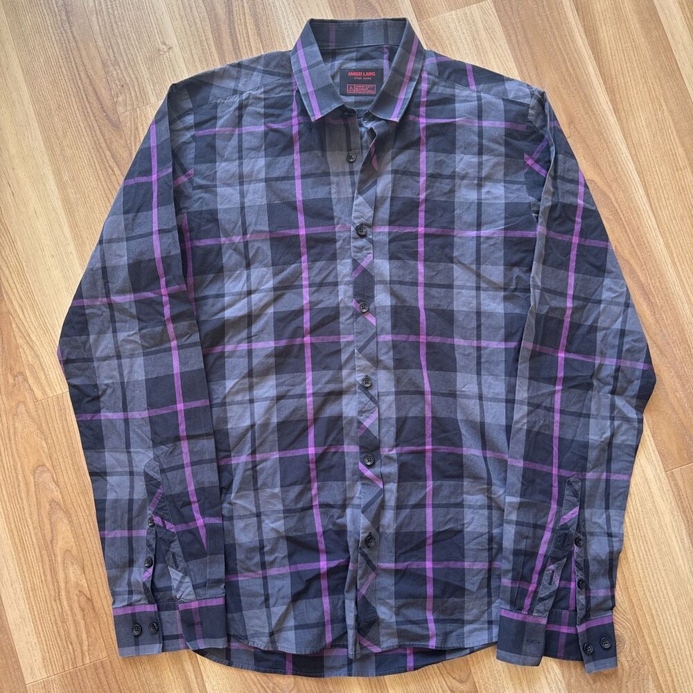 Jared Lang After Hours Black/Purple Plaid Slim Fit Button Up Long Sleeve Shirt M